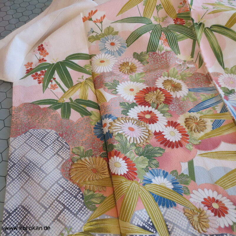 Bambus, Blüten, Goldstickerei Homongi Kimono