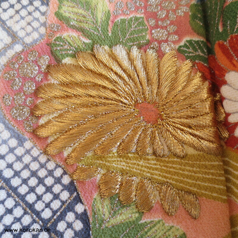 Bambus, Blüten, Goldstickerei Homongi Kimono
