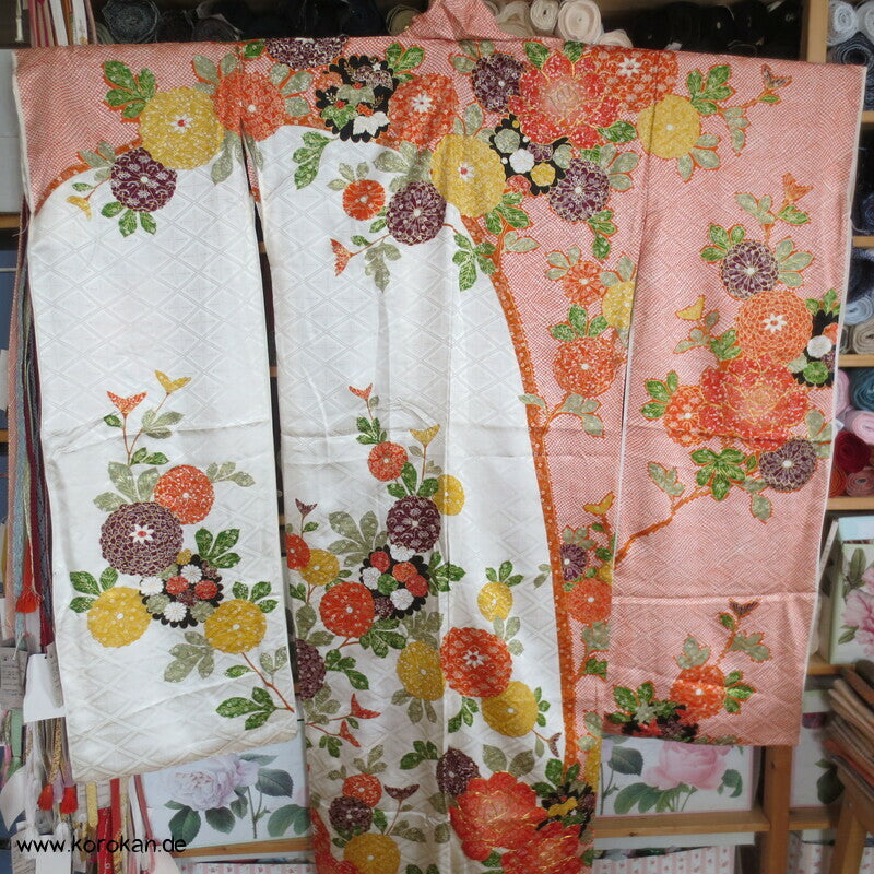 Rose, Kanoko Furisode Kimono, Seidendamast Karieba Stoff, Goldstickerei