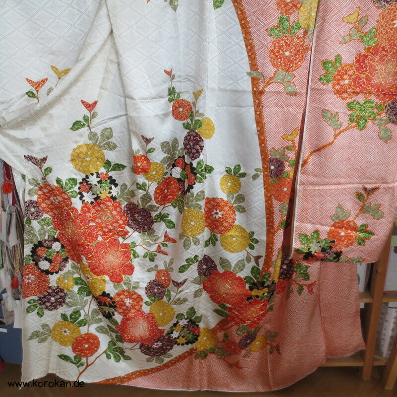 Rose, Kanoko Furisode Kimono, Seidendamast Karieba Stoff, Goldstickerei