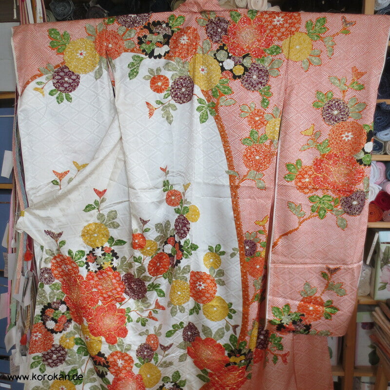Rose, Kanoko Furisode Kimono, Seidendamast Karieba Stoff, Goldstickerei