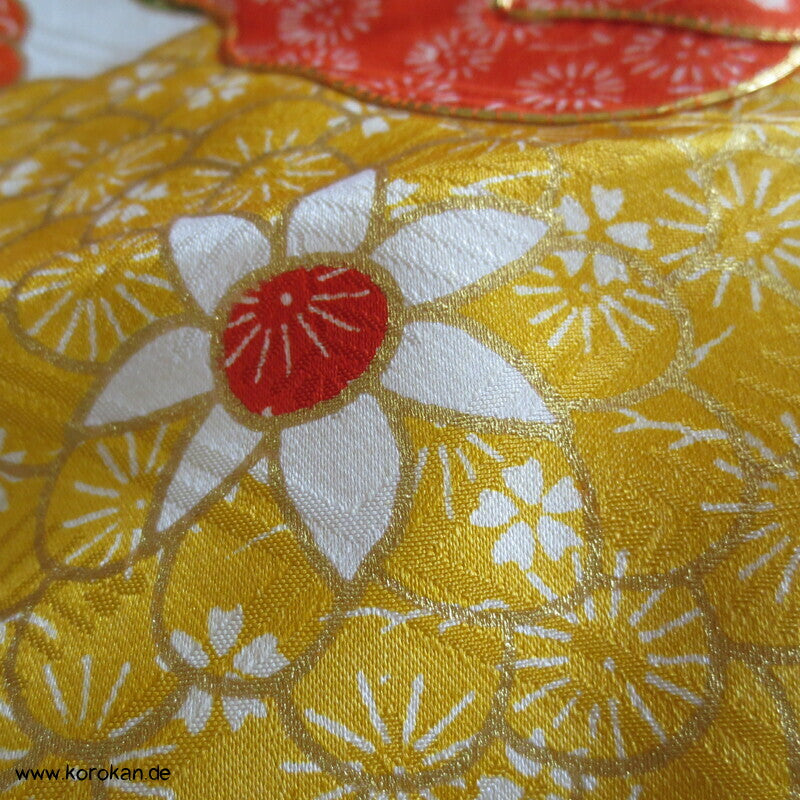 Rose, Kanoko Furisode Kimono, Seidendamast Karieba Stoff, Goldstickerei