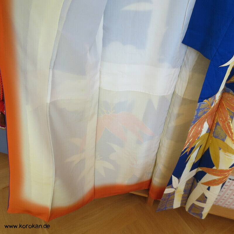 großer Bambus auf kobaltblau Furisode Seiden Kimono