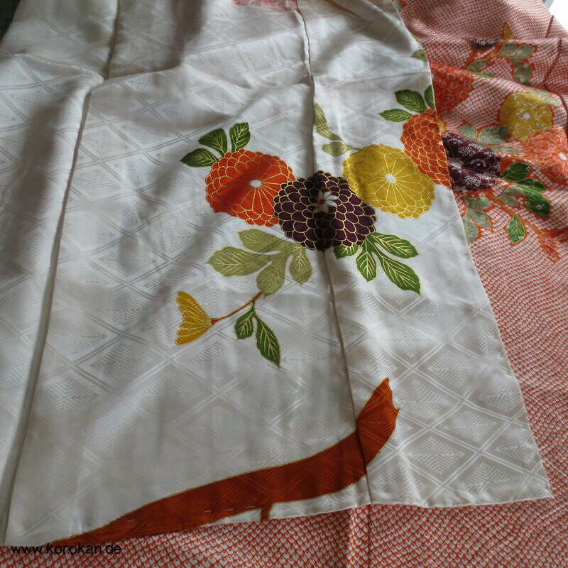 Rose, Kanoko Furisode Kimono, Seidendamast Karieba Stoff, Goldstickerei