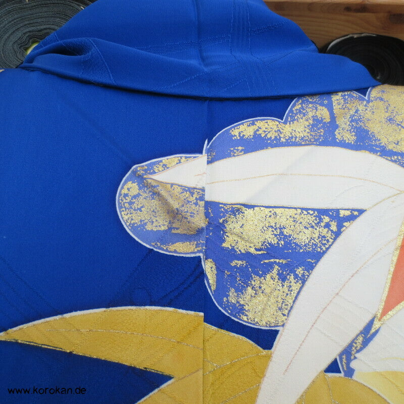 großer Bambus auf kobaltblau Furisode Seiden Kimono