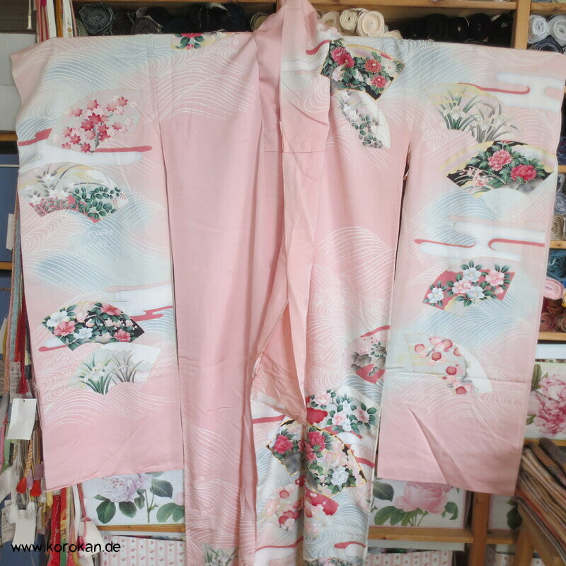 Vier Jahreszeiten Fächer, Wellen Furisode Kimono, Seidencrepe Karieba Stoff