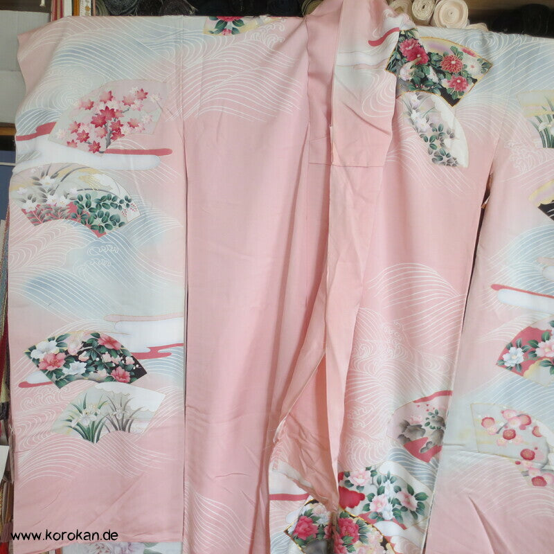 Vier Jahreszeiten Fächer, Wellen Furisode Kimono, Seidencrepe Karieba Stoff