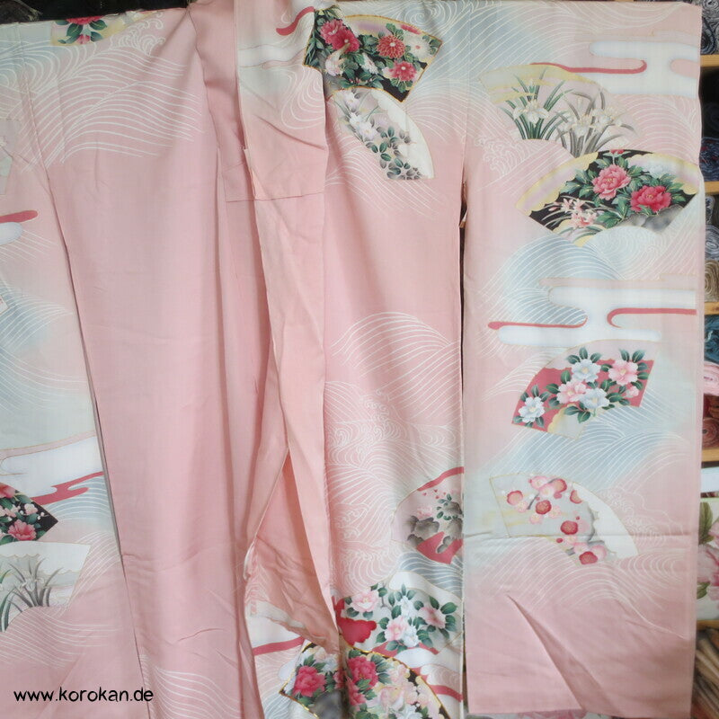 Vier Jahreszeiten Fächer, Wellen Furisode Kimono, Seidencrepe Karieba Stoff