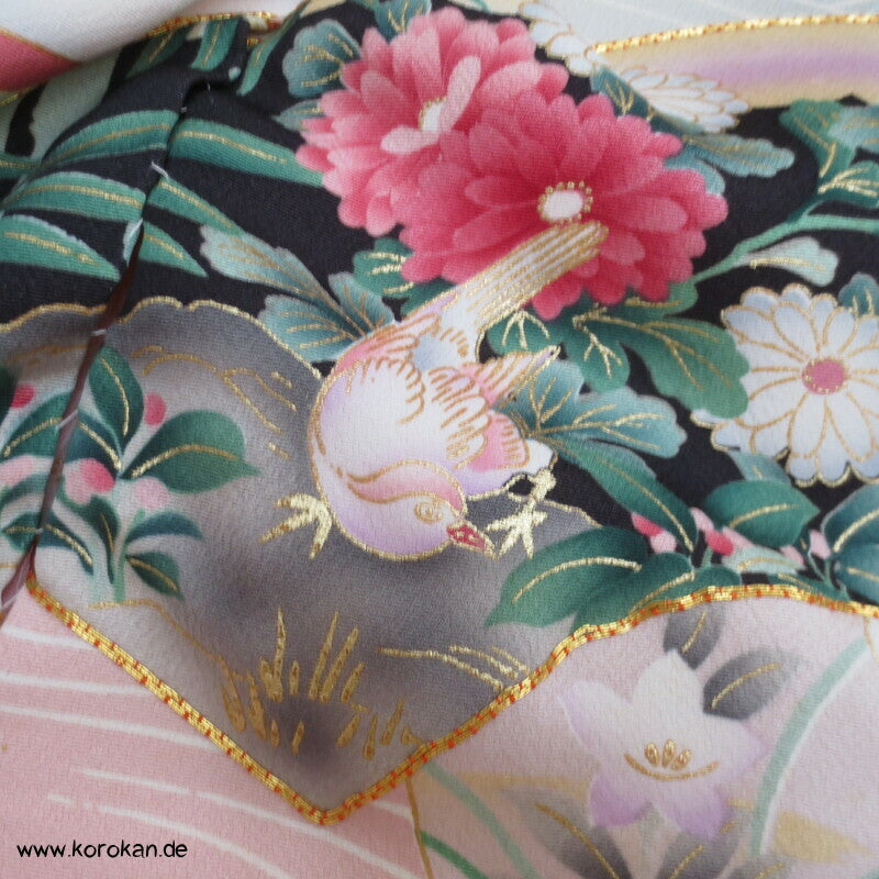 Vier Jahreszeiten Fächer, Wellen Furisode Kimono, Seidencrepe Karieba Stoff