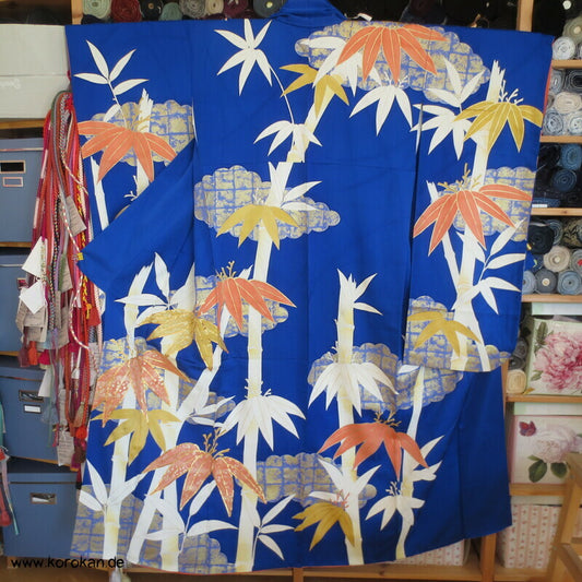 großer Bambus auf kobaltblau Furisode Seiden Kimono