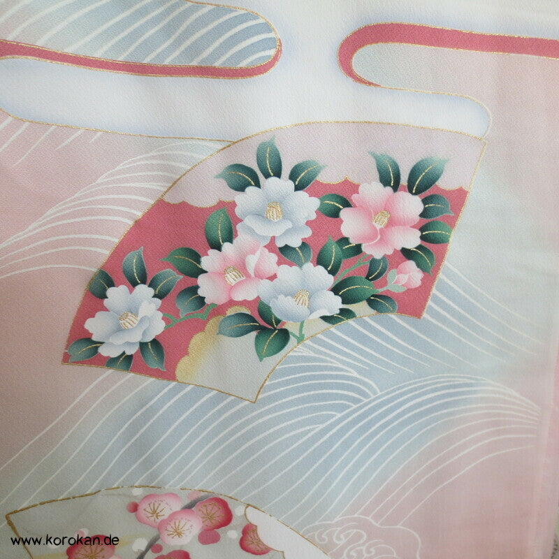 Vier Jahreszeiten Fächer, Wellen Furisode Kimono, Seidencrepe Karieba Stoff