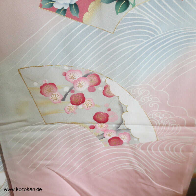 Vier Jahreszeiten Fächer, Wellen Furisode Kimono, Seidencrepe Karieba Stoff