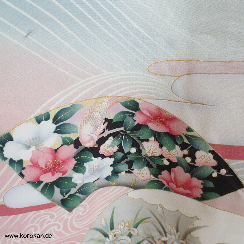 Vier Jahreszeiten Fächer, Wellen Furisode Kimono, Seidencrepe Karieba Stoff