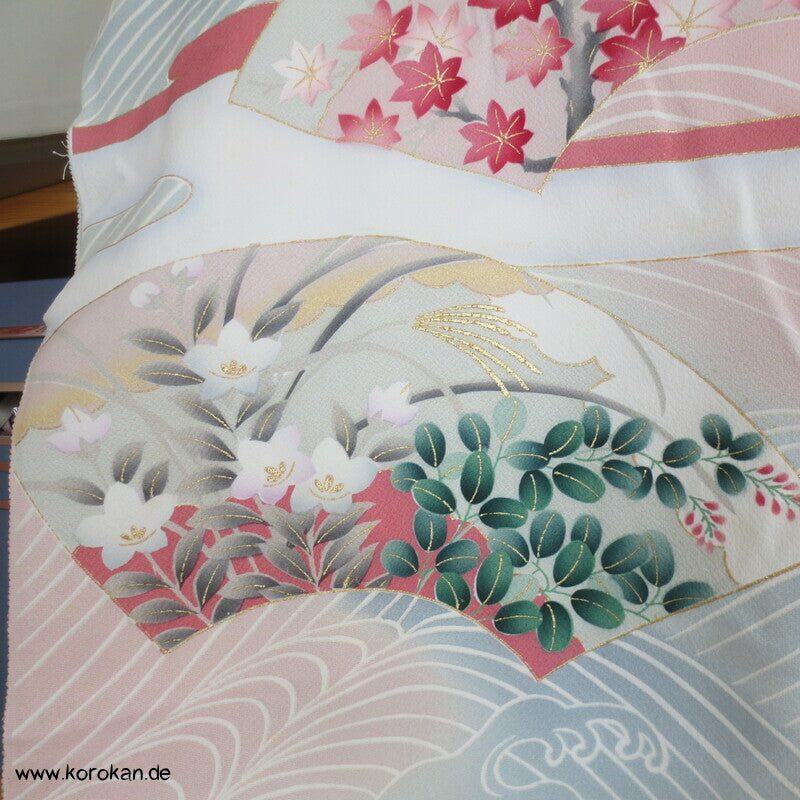 Vier Jahreszeiten Fächer, Wellen Furisode Kimono, Seidencrepe Karieba Stoff