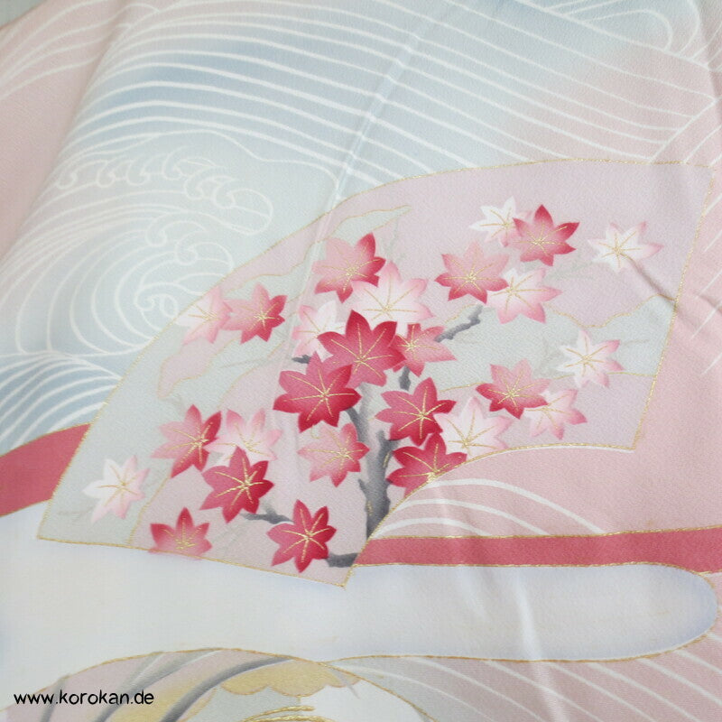 Vier Jahreszeiten Fächer, Wellen Furisode Kimono, Seidencrepe Karieba Stoff