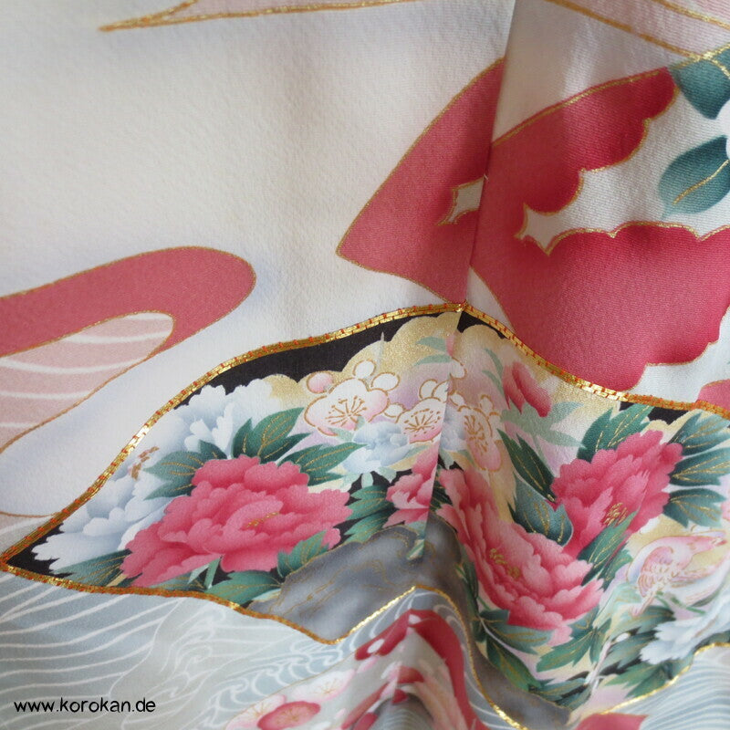 Vier Jahreszeiten Fächer, Wellen Furisode Kimono, Seidencrepe Karieba Stoff