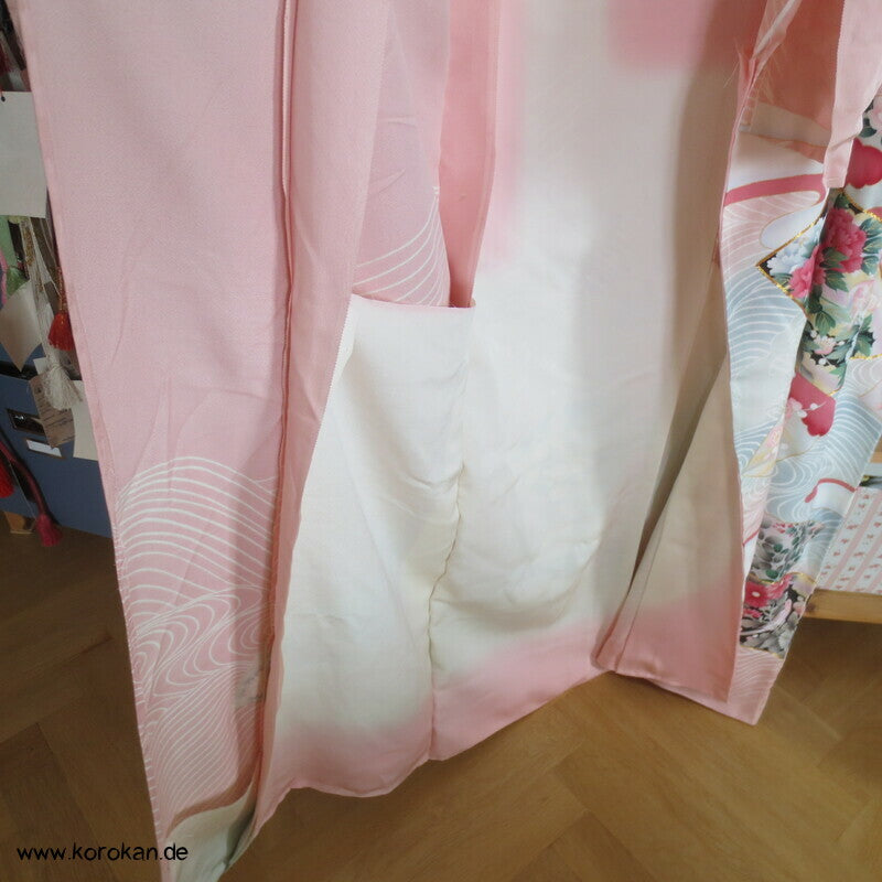 Vier Jahreszeiten Fächer, Wellen Furisode Kimono, Seidencrepe Karieba Stoff