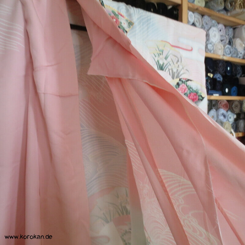 Vier Jahreszeiten Fächer, Wellen Furisode Kimono, Seidencrepe Karieba Stoff