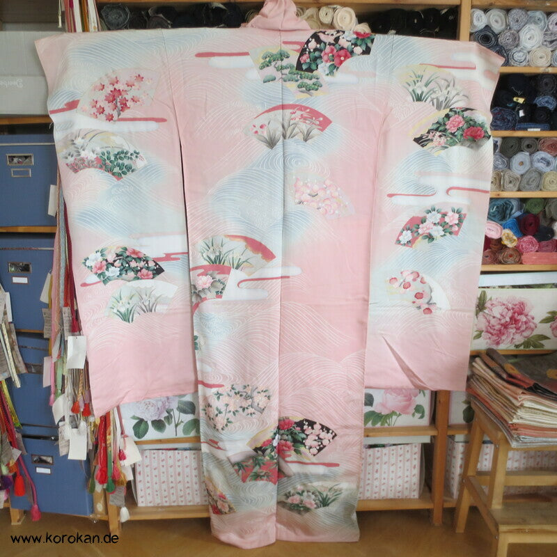 Vier Jahreszeiten Fächer, Wellen Furisode Kimono, Seidencrepe Karieba Stoff