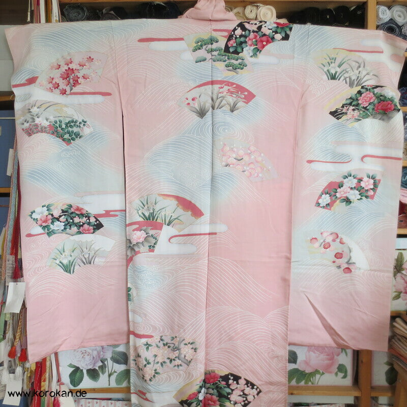 Vier Jahreszeiten Fächer, Wellen Furisode Kimono, Seidencrepe Karieba Stoff