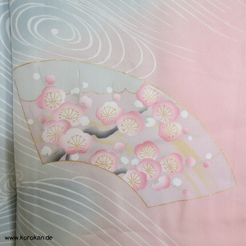 Vier Jahreszeiten Fächer, Wellen Furisode Kimono, Seidencrepe Karieba Stoff