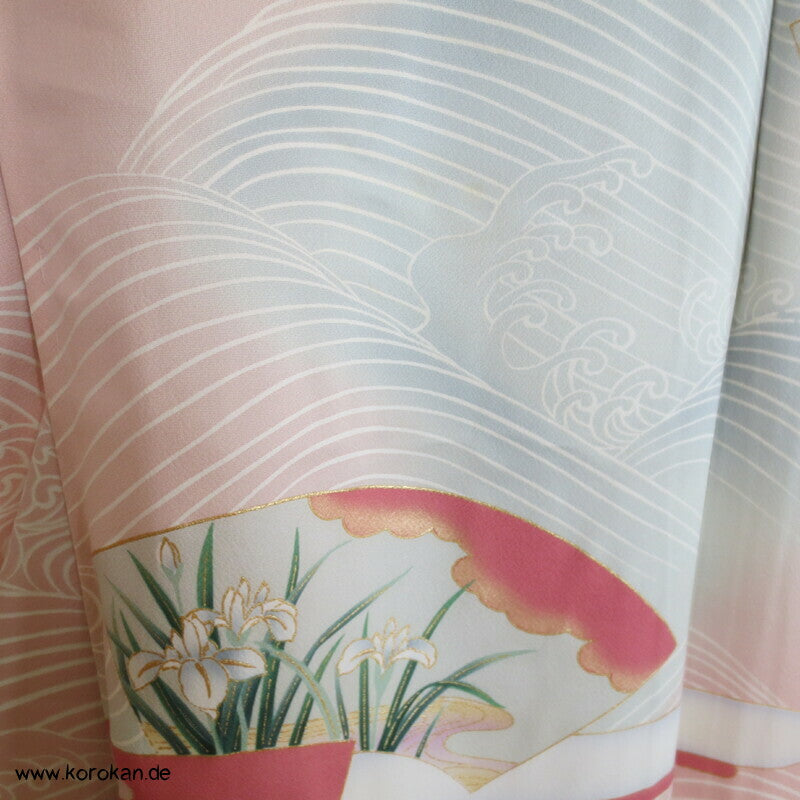 Vier Jahreszeiten Fächer, Wellen Furisode Kimono, Seidencrepe Karieba Stoff