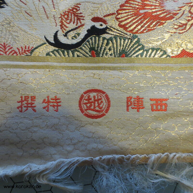 Kraniche und Blüten, antik unbenutzter Seidenbrokat für Maru Obi
