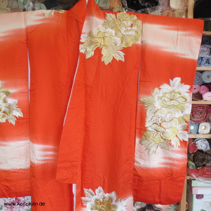 goldene Päonien Stickerei Kakeshita / Furisode Seidendamast Kimono