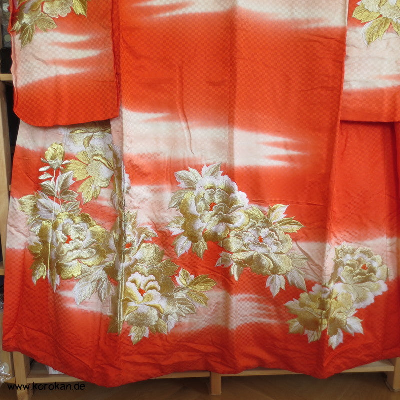 goldene Päonien Stickerei Kakeshita / Furisode Seidendamast Kimono