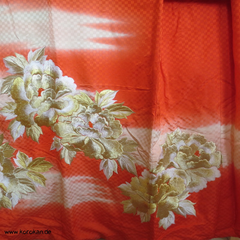 goldene Päonien Stickerei Kakeshita / Furisode Seidendamast Kimono