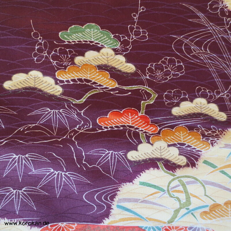 Wolken auf weinrot mit bunten Nebeln Kimono Damast