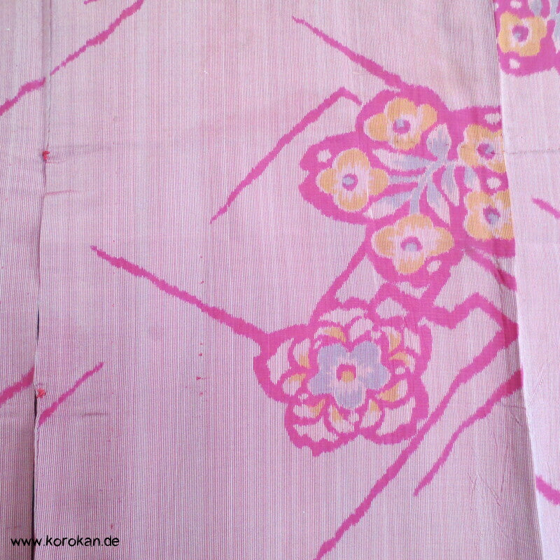 Art Deco Blüten und Sayagata Kasuri Meisen Seiden Hitoe Kimono