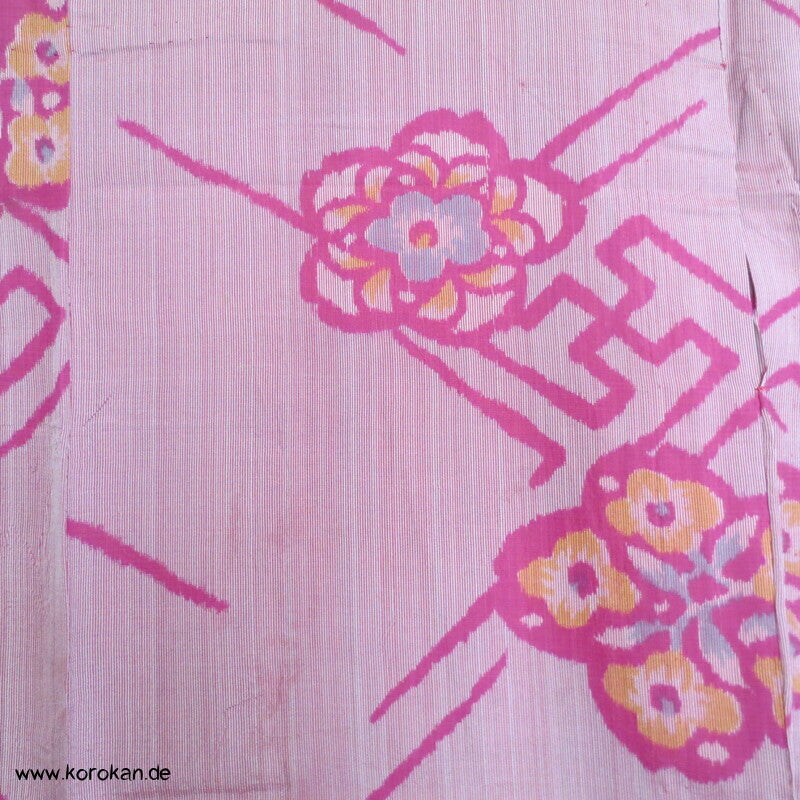 Art Deco Blüten und Sayagata Kasuri Meisen Seiden Hitoe Kimono