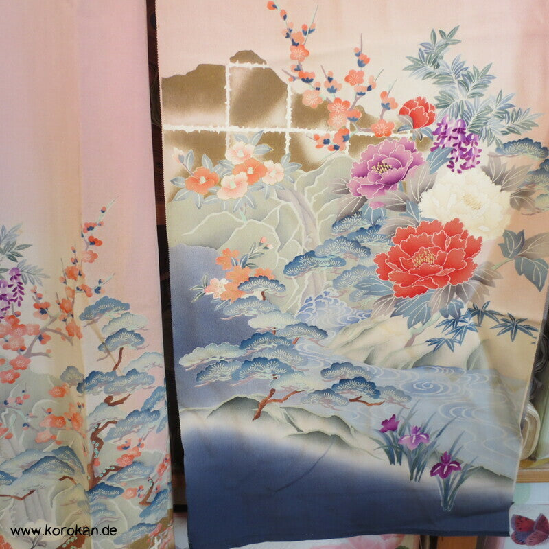 Gartenlandschaft Furisode Kimono Seiden Karieba