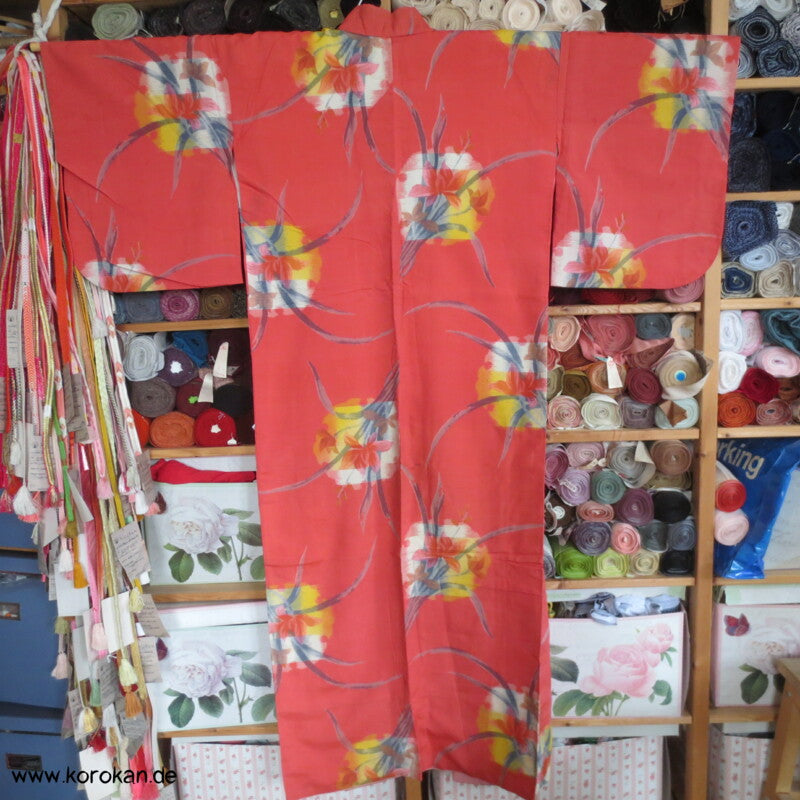 Japan Art Deco azalee mit Iris in Kreisen Meisen Seiden Kimono