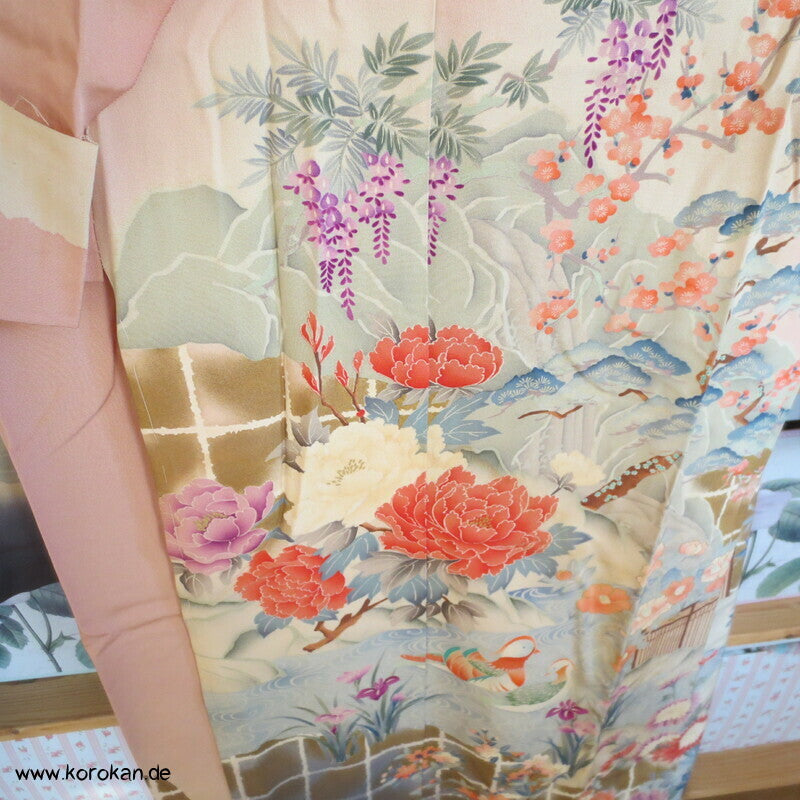 Gartenlandschaft Furisode Kimono Seiden Karieba