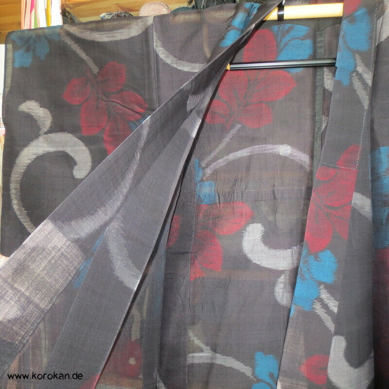 Japan Art Deco Sha Meisen Seiden Arabesken Kasuri Blätter Hitoe Kimono