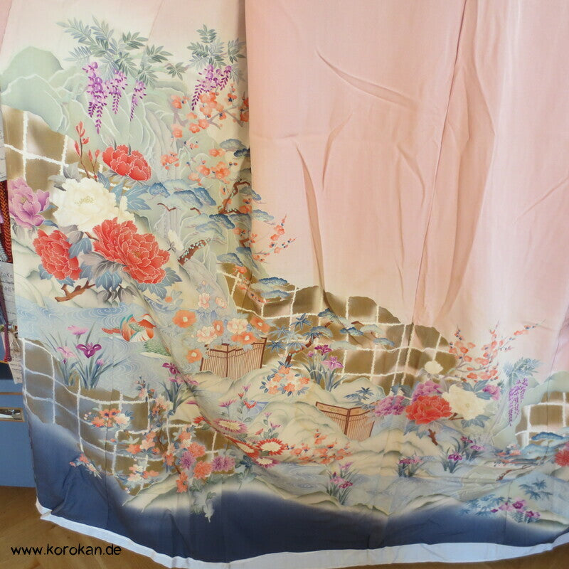 Gartenlandschaft Furisode Kimono Seiden Karieba