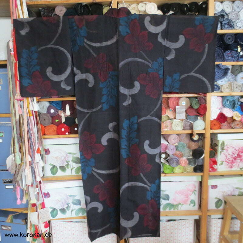 Japan Art Deco Sha Meisen Seiden Arabesken Kasuri Blätter Hitoe Kimono