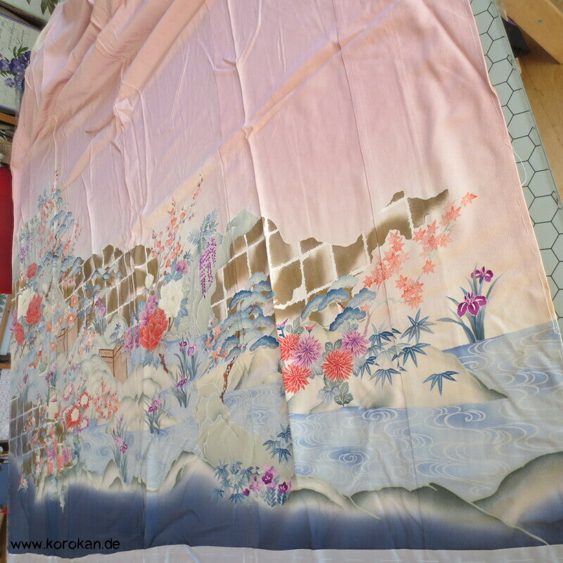 Gartenlandschaft Furisode Kimono Seiden Karieba