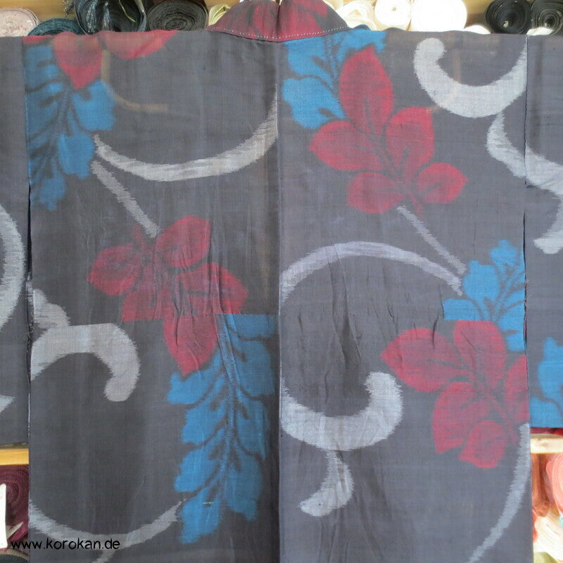 Japan Art Deco Sha Meisen Seiden Arabesken Kasuri Blätter Hitoe Kimono