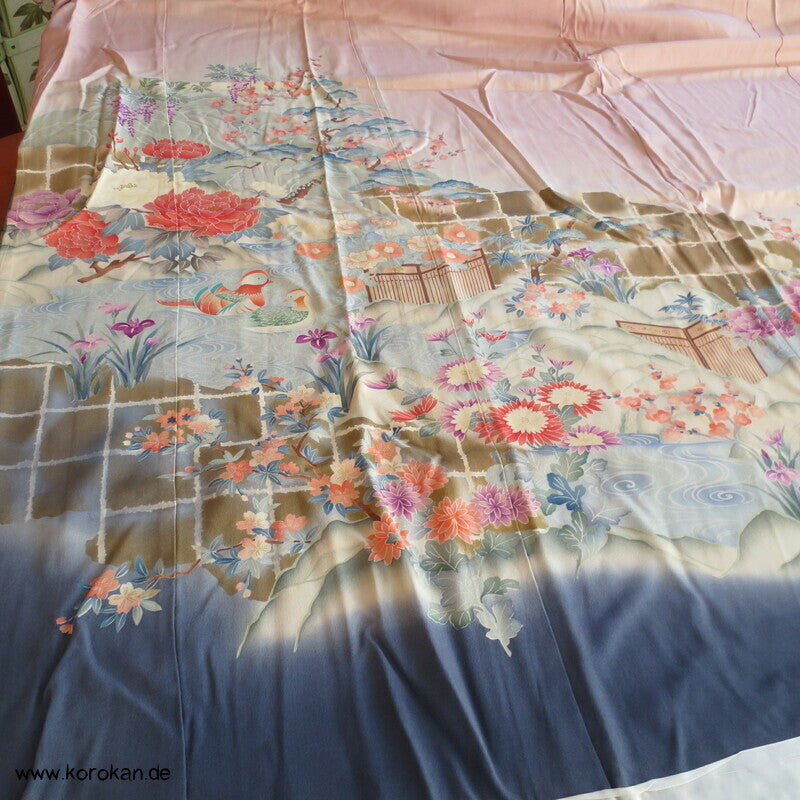 Gartenlandschaft Furisode Kimono Seiden Karieba