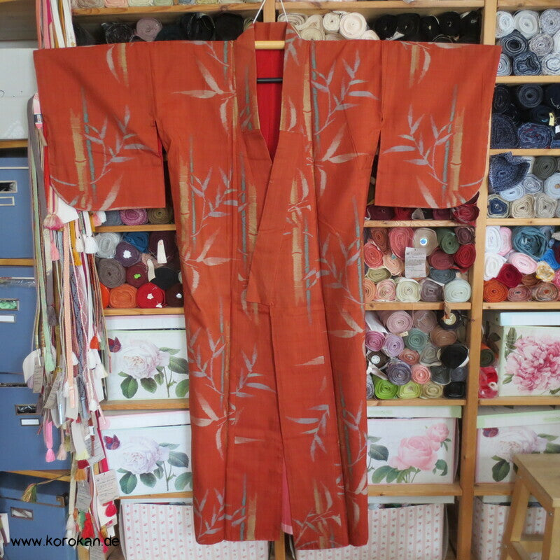 Japan Art Deco Bambus auf persimmon orange Meisen Seiden Kimono