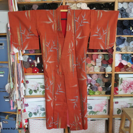 Japan Art Deco Bambus auf persimmon orange Meisen Seiden Kimono