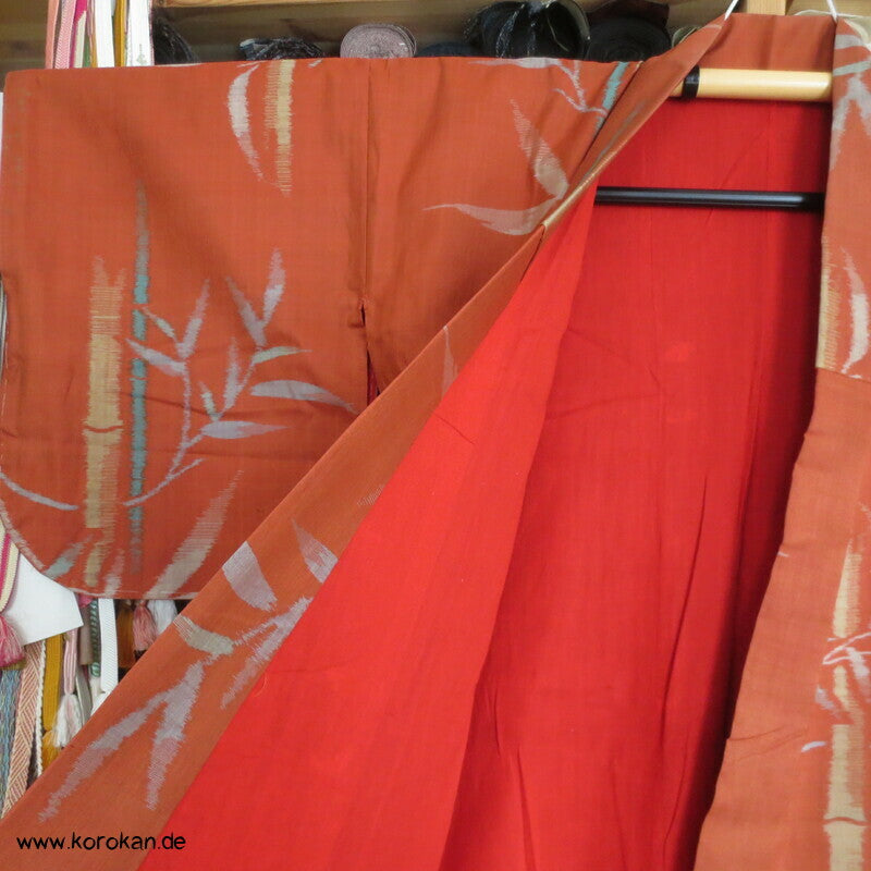 Japan Art Deco Bambus auf persimmon orange Meisen Seiden Kimono