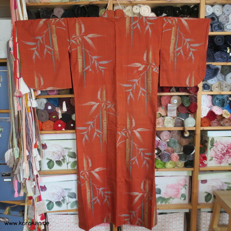 Japan Art Deco Bambus auf persimmon orange Meisen Seiden Kimono