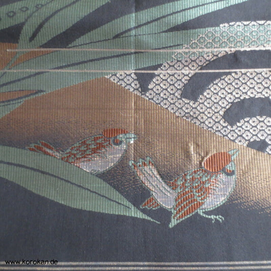 Spatzen im Bambus Fukuro Obi, reversibel, geometrisch, Stickereien