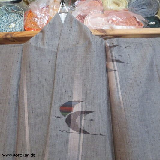 Kranich Kasuri grau - bunt Tsumugi Kimono