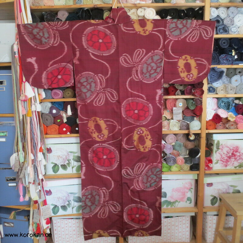 Japan Art Deco Spiegel und Flechtbänder Meisen Seiden Kimono