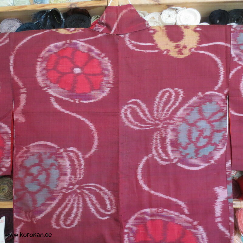 Japan Art Deco Spiegel und Flechtbänder Meisen Seiden Kimono